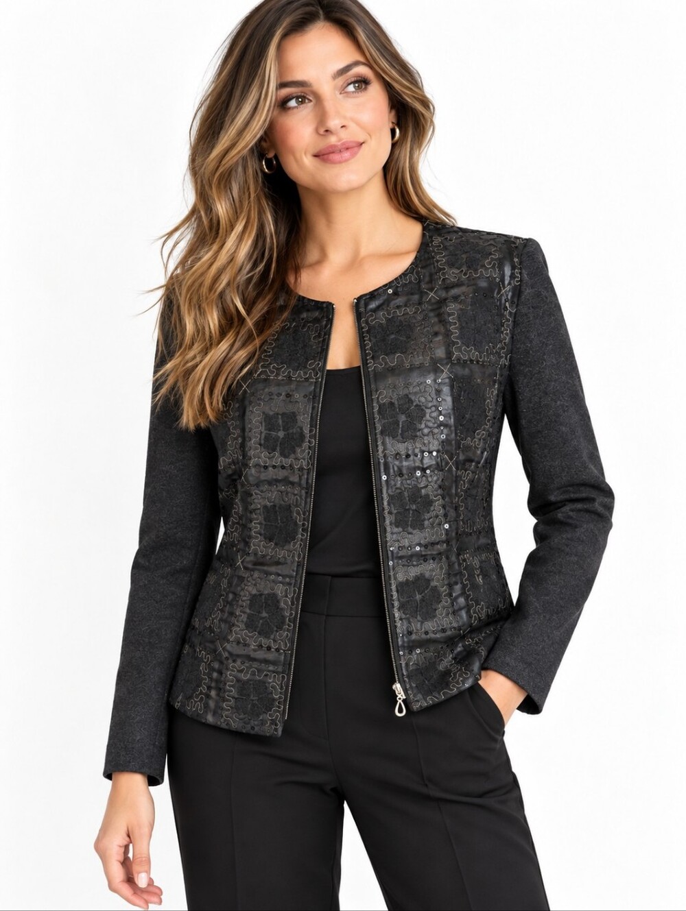 Joseph Ribkoff Black Sequin Patchwork Zip Jacket Women’s Size 16 Made in Canada